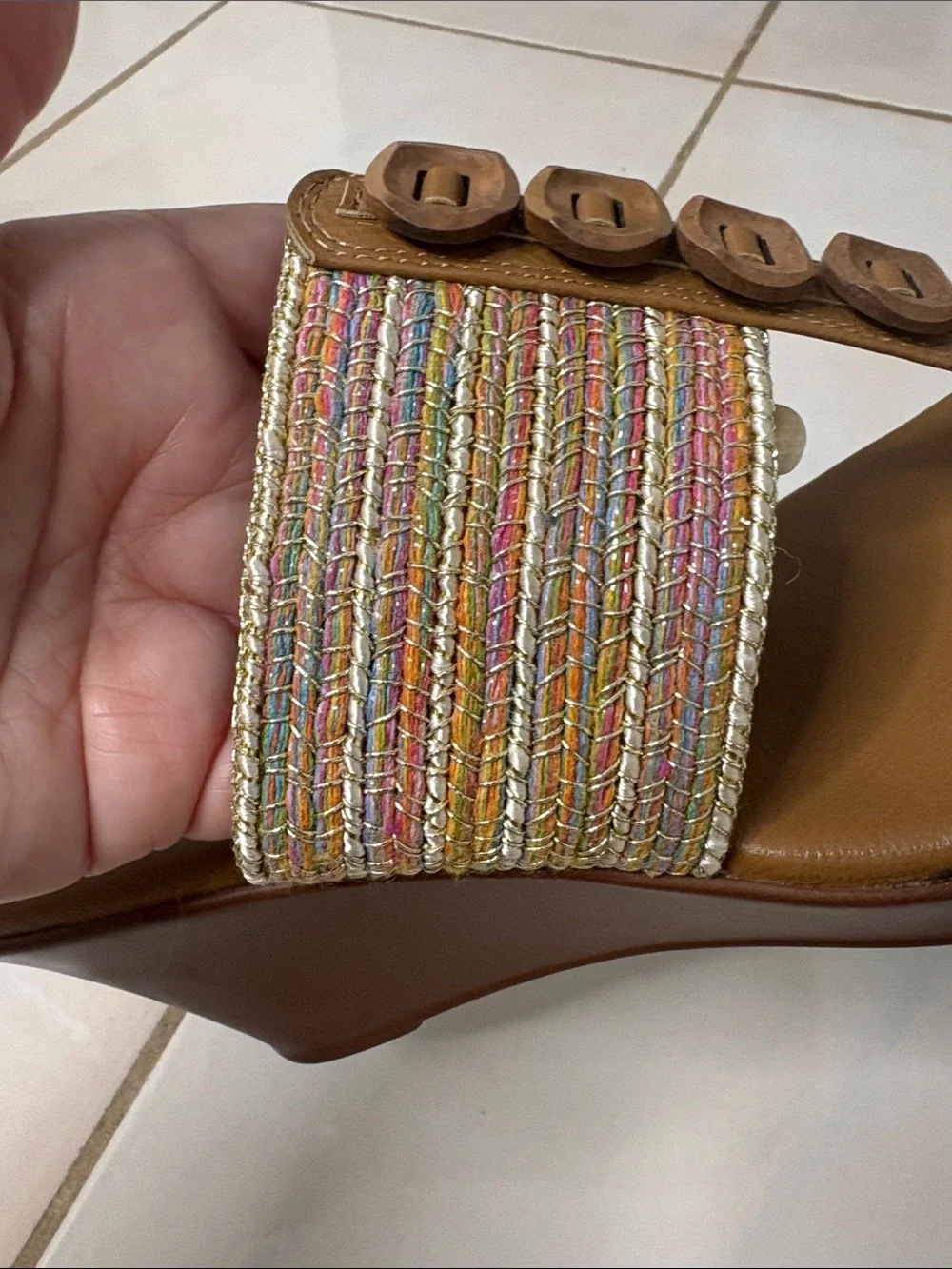 Lauren Blackwell Mahogany Wedge Sandals with Multicolor Metallic Straps. Size 8